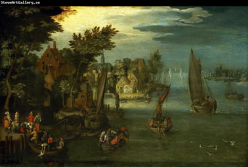 Jan Brueghel A Busy River Scene with Dutch Vessels and a Ferry